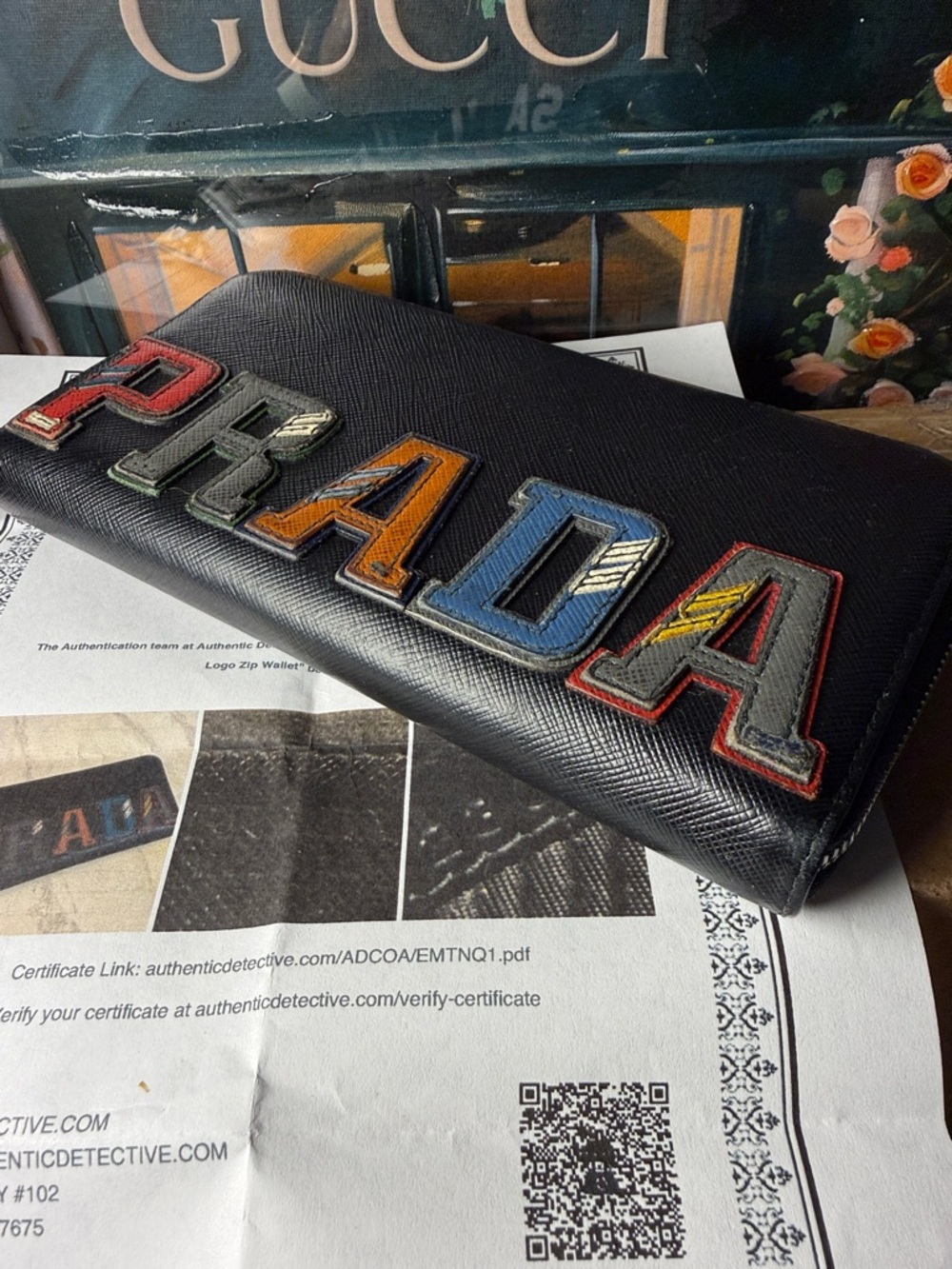 Prada Black Saffiano Leather Zip Wallet with Multicolor Letter Patches w/coa - Picture 5 of 12